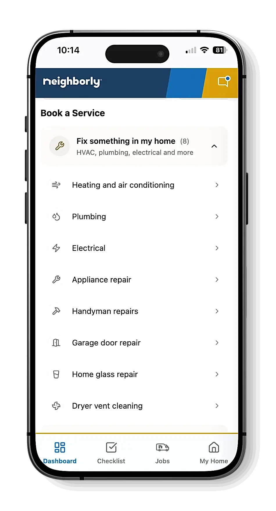 Neighborly App services search screen displayed on smartphone.