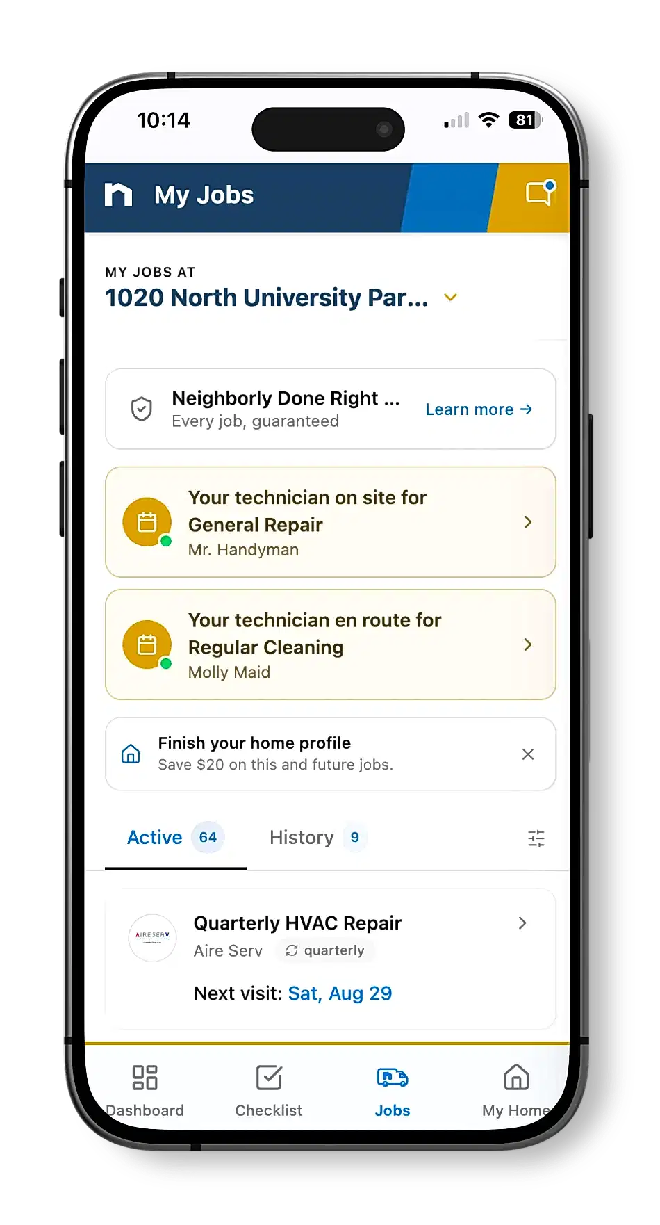 Neighborly App job progress marked 'Service Pro assigned' displayed on smartphone screen.