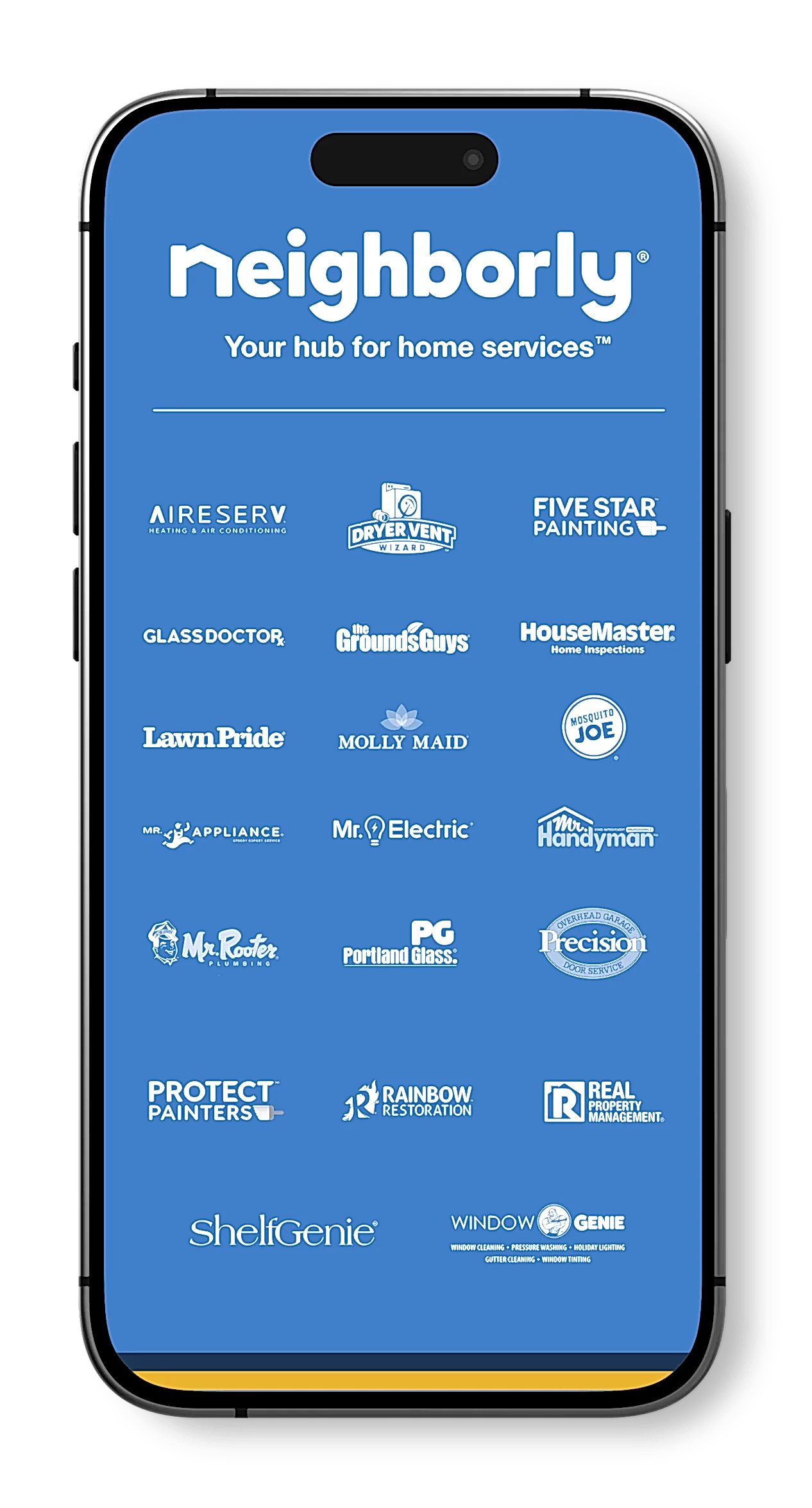 Neighborly brand logos grid displayed in Neighborly App on smartphone screen.