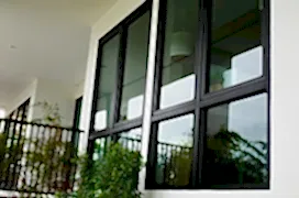 Windows with black frames.