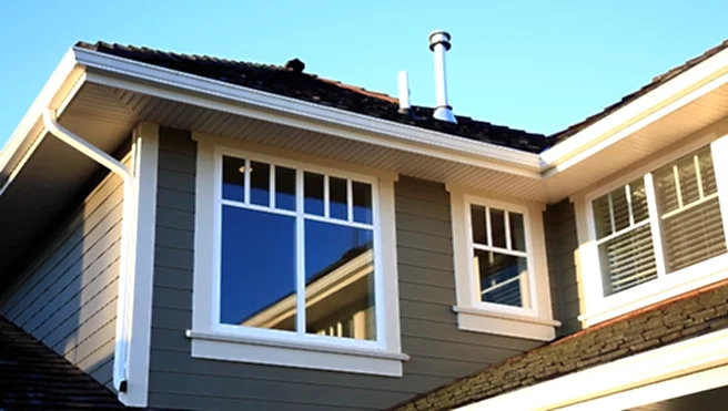Upper portion of new modern home. Showing all the features such as siding, roof, soffits, gutter, drain spout and windows.