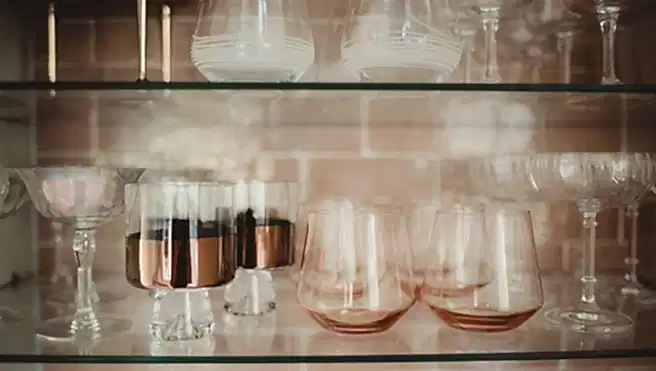 Assortment of bar glasses on display in a home.
