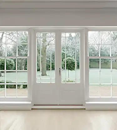 Beautifully crafted Georgian white wooden windows and patio doors with a view towards a wintery garden covered in frost.
