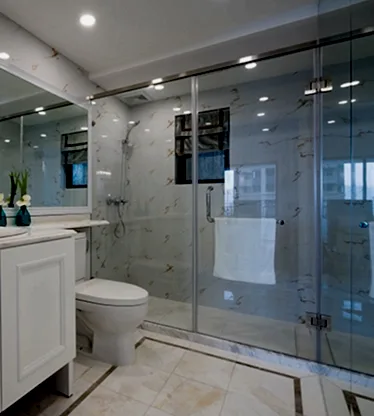 Modern bathroom with glass shower.