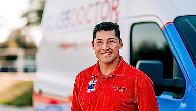 Glass Doctor professional in front of the van.