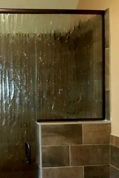 Semi Frameless Swing Door With In Line Side Panel In Palm Glass