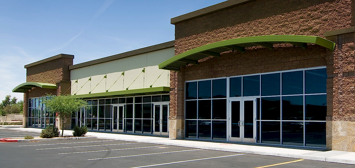 Exterior of new modern retail business architecture located on American strip Mall.
